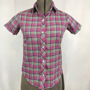 Vintage 70s Juniors (6) Pink Plaid Cotton Button Up Camp Shirt JCPENNY JrHI